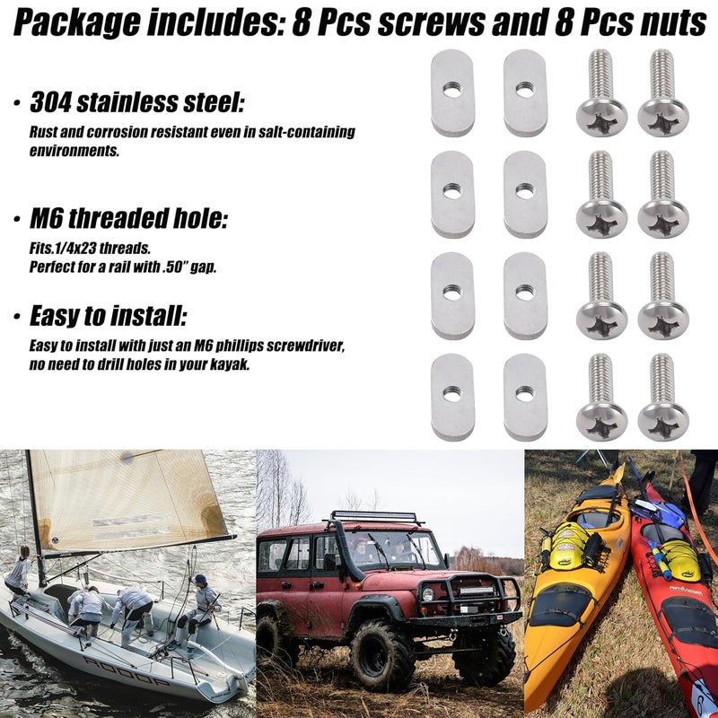 DoThisAllDay 8 Pcs 304 SS Kayak Rail/Track Screws 304 Stainless Steel Track Nuts Track Mount Tie Down Eyelet Rail Hardware Gear Mounting Replacement Kit for Kayaks Rails Kayaks Canoes Boats (8) - Image 2
